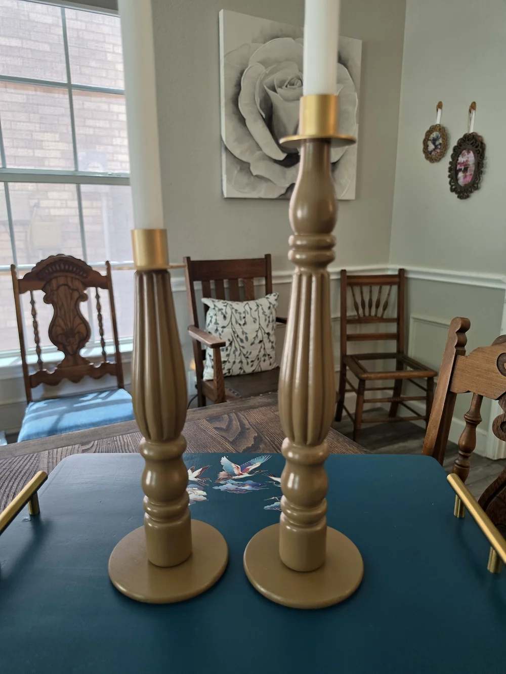 Set of 2 Wood Taper Candle Holder Candlesticks Taupe Brown Gold Accents Painted